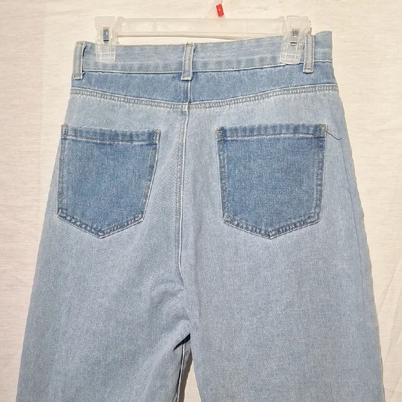 SHEIN Three-Tone Patchwork Light,  Medium, Dark Blue Jeans, High Rise, Wide Leg, - Picture 6 of 13